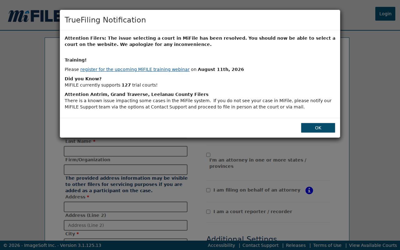 Wexford County case lookup MiFILE registration interface