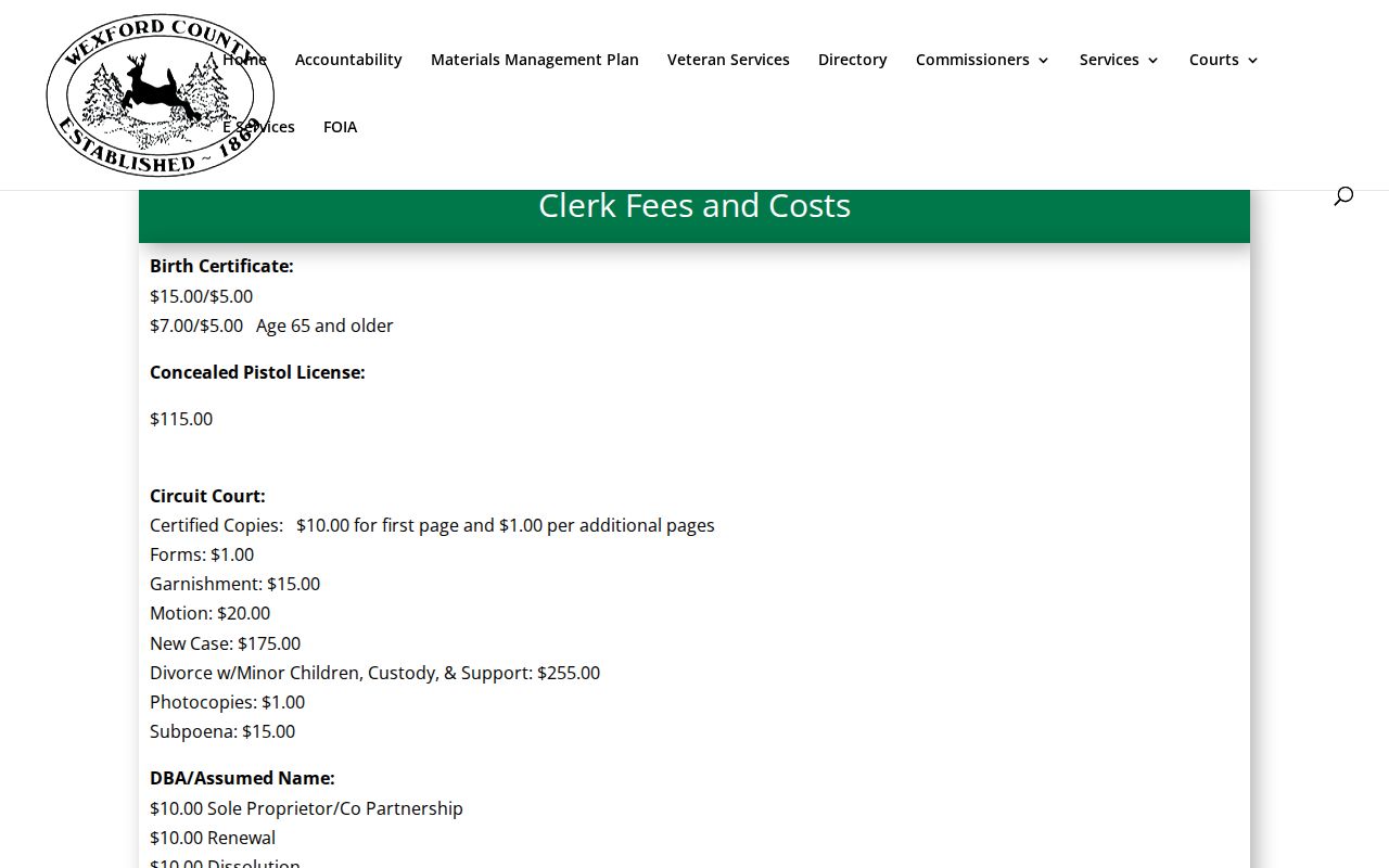 Wexford County civil docket Circuit Clerk fee information