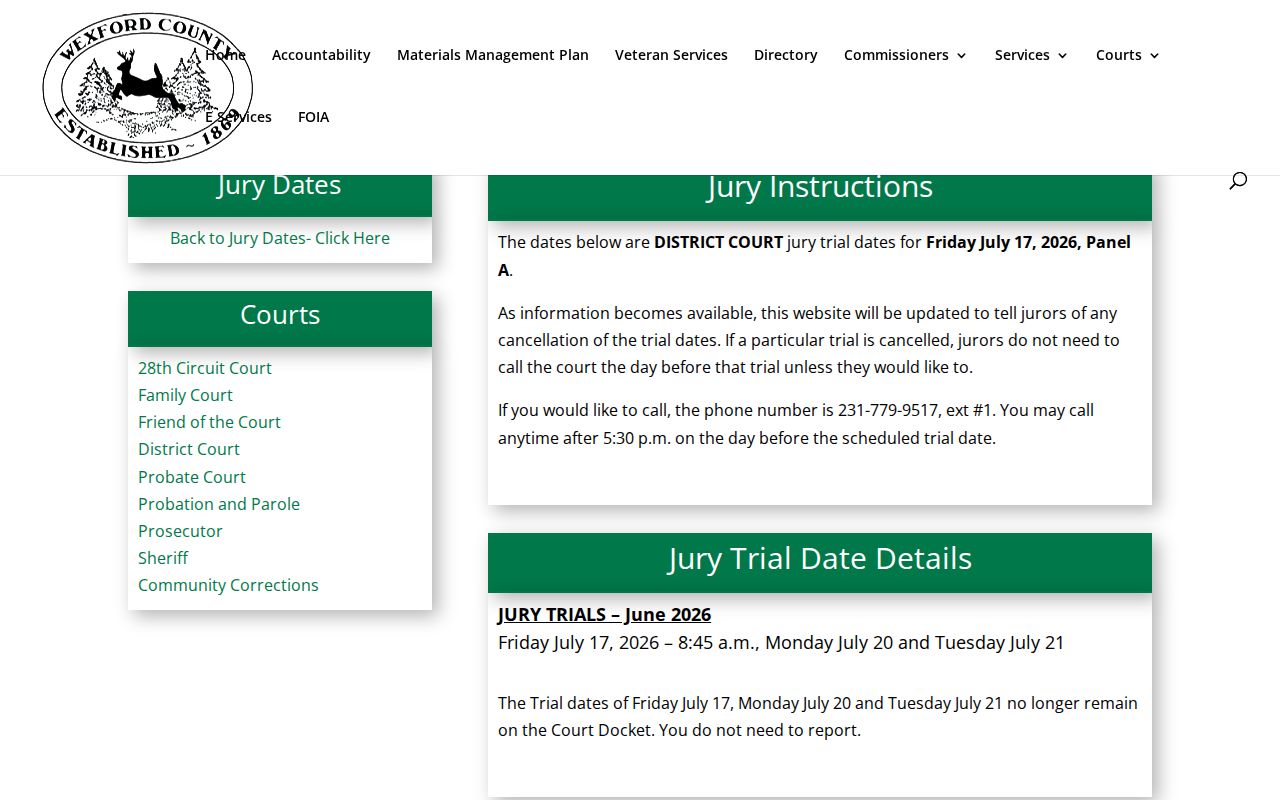Wexford County court dates District Court jury panel confirmation