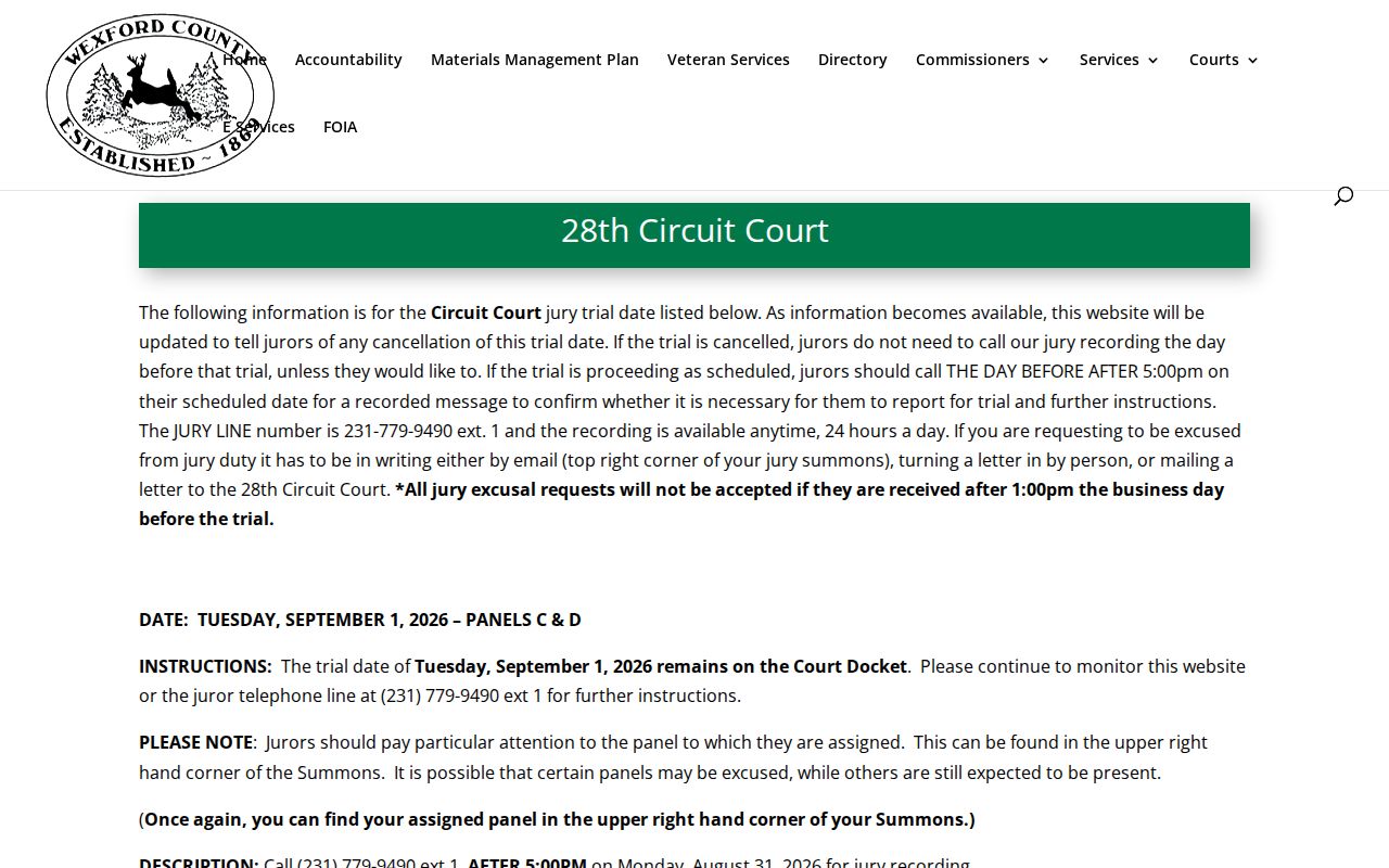 Wexford County court dates 28th Circuit jury schedule