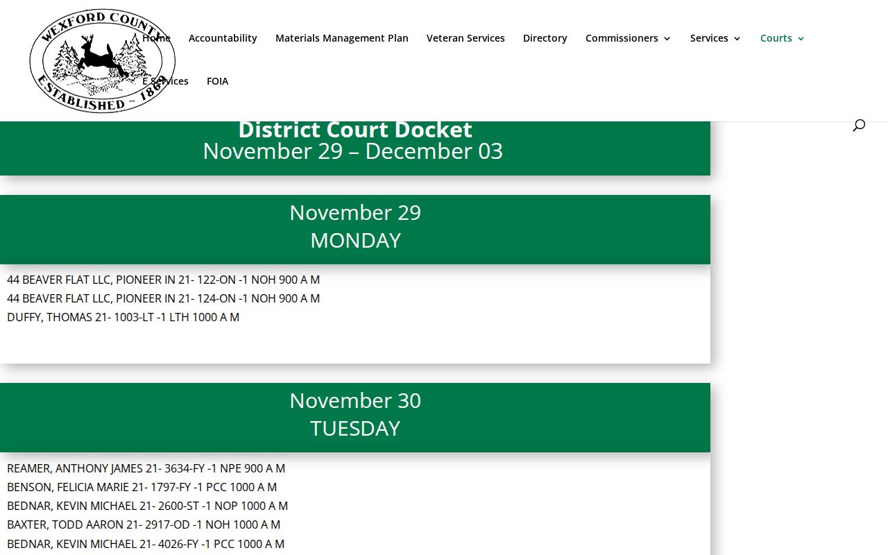 Wexford County court dates District Court docket calendar format