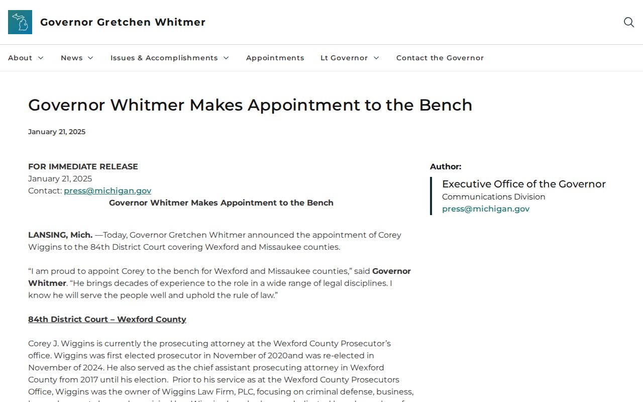 Wexford County criminal docket 84th District Court judicial appointment notice