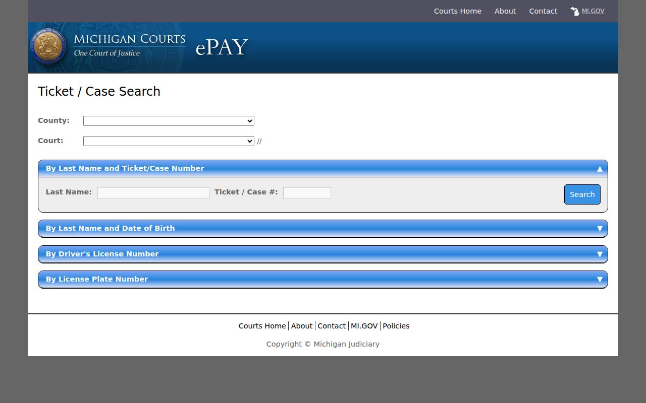 Wexford County traffic ticket search fields in Michigan eTix
